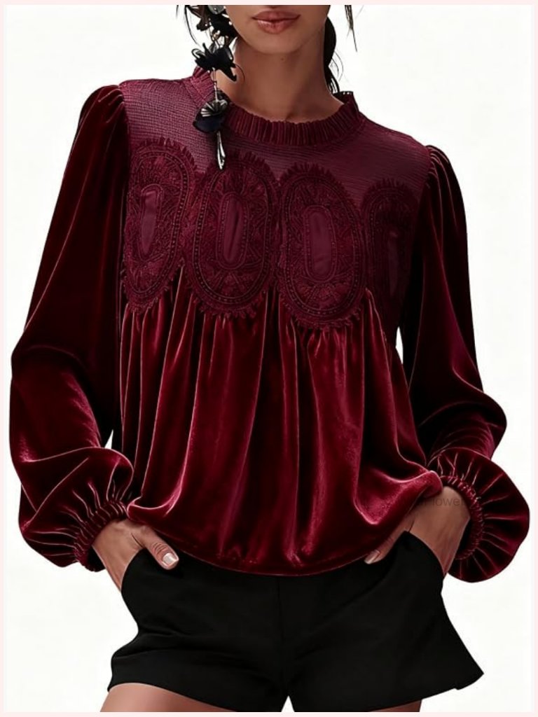 Velvet Trim Lace Blouse Long Sleeve Flared Swing Top Round Neck